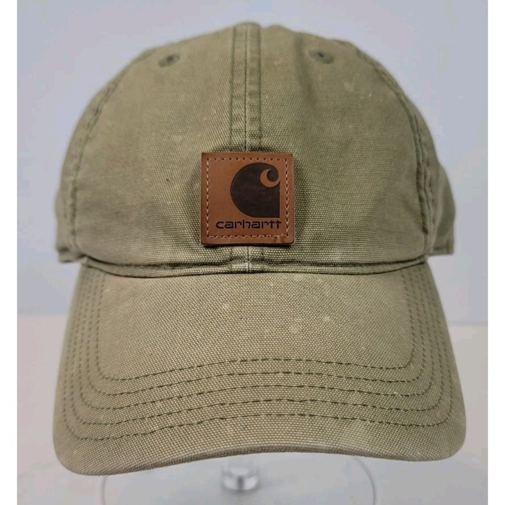 Carhartt Mens Cap Adjustable Hat Olive Green Brown Leather Patch Outdoor
